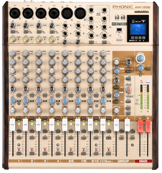 Phonic AM12GE USB Interface Bluetooth TF Recorder AM Gold Edition Compact Mixer Phonic AM12GE USB Interface Bluetooth TF Recorder AM Gold Edition Compact Mixer