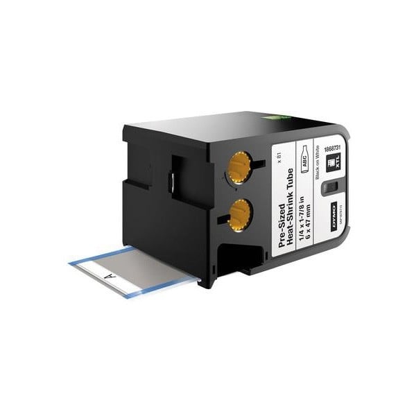 Dymo Heat Shrink Tubes Pre-Sized Black on White 6 X 47mm Dymo Heat Shrink Tubes Pre-Sized Black on White 6 X 47mm