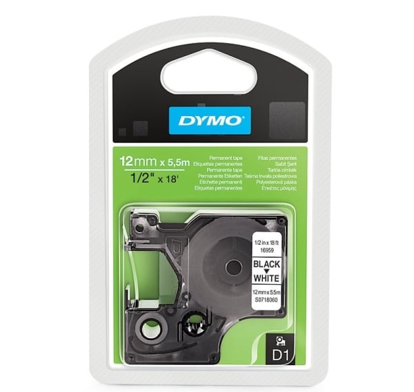 Dymo S0718060 Permanent Polyester Tape 12mm x 5,5m Black on White Dymo S0718060 Permanent Polyester Tape 12mm x 5,5m Black on White