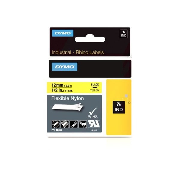 Dymo Rhino S0718080 Flexible Nylon Tape 12mm x 3.5m - Black on Yellow Dymo Rhino S0718080 Flexible Nylon Tape 12mm x 3.5m - Black on Yellow