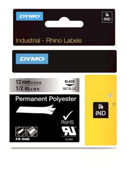 Dymo S0718180 - 12mm Metalised Permanent Polyester Rhino Tape Dymo S0718180 - 12mm Metalised Permanent Polyester Rhino Tape