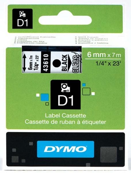 Dymo S0720770 D1 Tape 6mm Black on Clear Dymo S0720770 D1 Tape 6mm Black on Clear