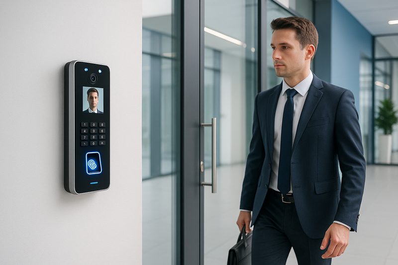 Biometric access control terminal mounted beside a glass office door as an employee approaches