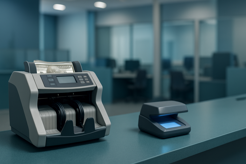 Bank teller counter with a desktop currency counting machine and a counterfeit detector device