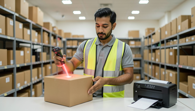 Warehouse worker scanning a carton with a handheld barcode scanner beside a label printer