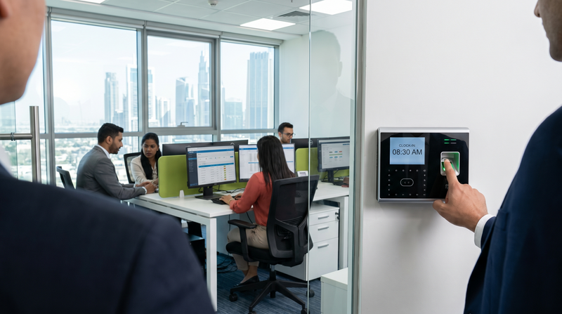 Employee clocking in on a wall-mounted fingerprint reader at a Dubai office entrance