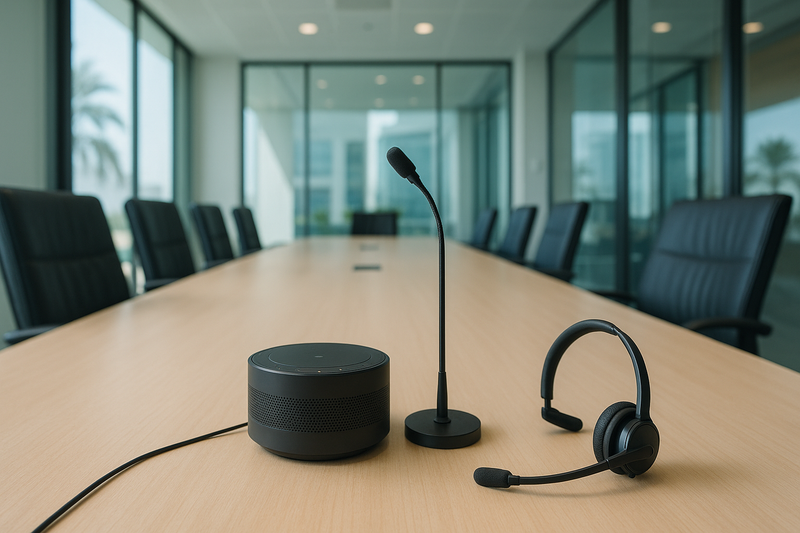 Speakerphone, gooseneck microphone and headset on a boardroom conference table
