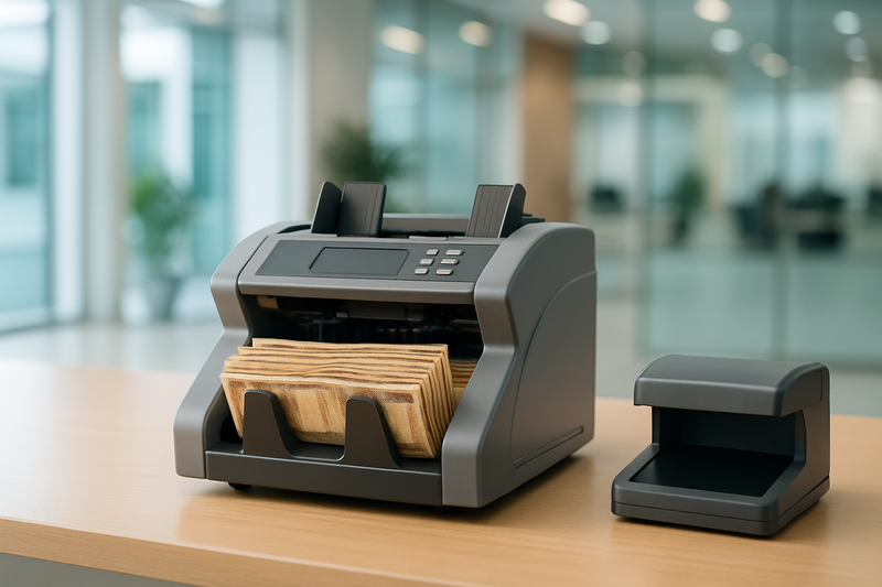Desktop currency counting machine and counterfeit detector on a bank teller counter