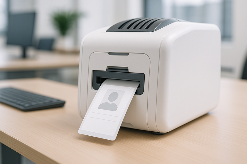 Desktop ID card printer producing a plastic employee badge on an office desk