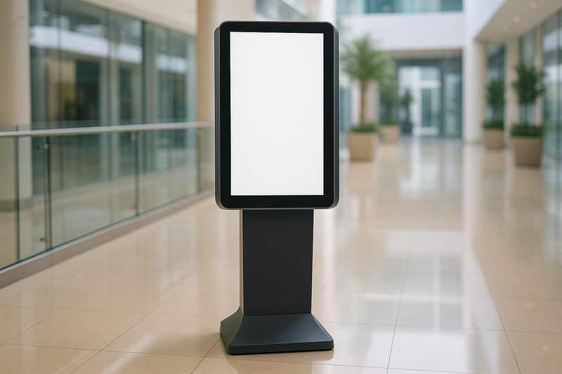 Floor-standing self-service touchscreen kiosk in a modern mall or lobby