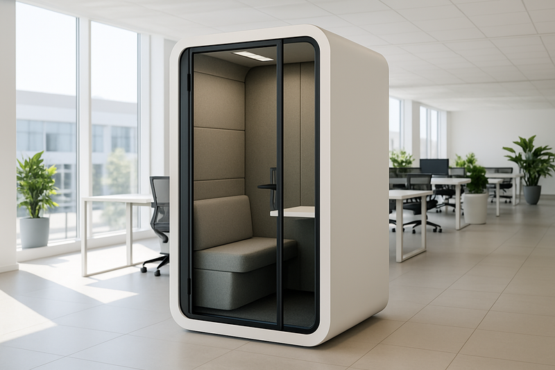 Modern single-person acoustic meeting pod in a bright open-plan office