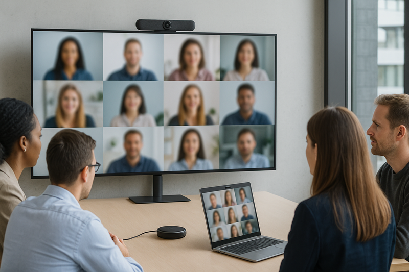 Hybrid meeting with an all-in-one video bar on a display and speakerphone on the table