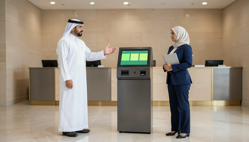 Bank officer presenting a teller cash recycler machine in a modern Gulf bank branch