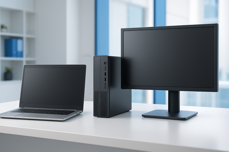 A business laptop and a desktop tower with monitor shown side by side for comparison