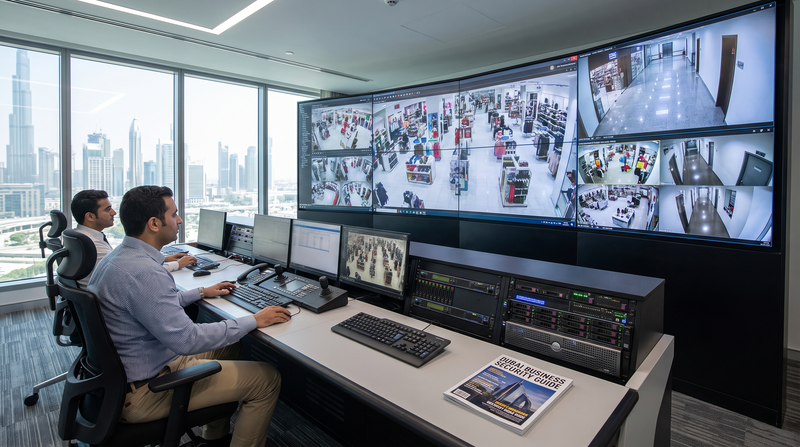Security control room in Dubai with a multi-camera CCTV video wall and operators at workstations