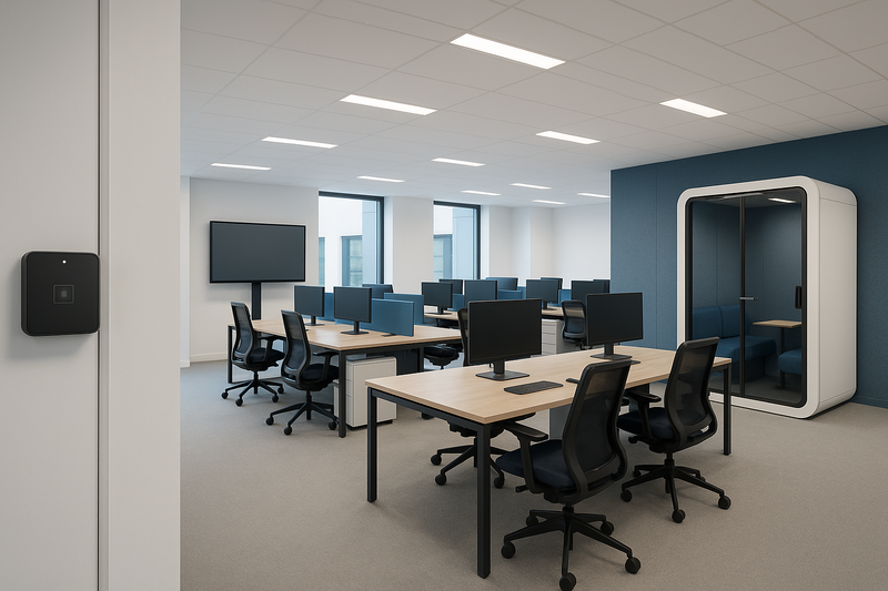 Newly fitted-out open-plan office with desks, access control reader, signage screen and a meeting pod