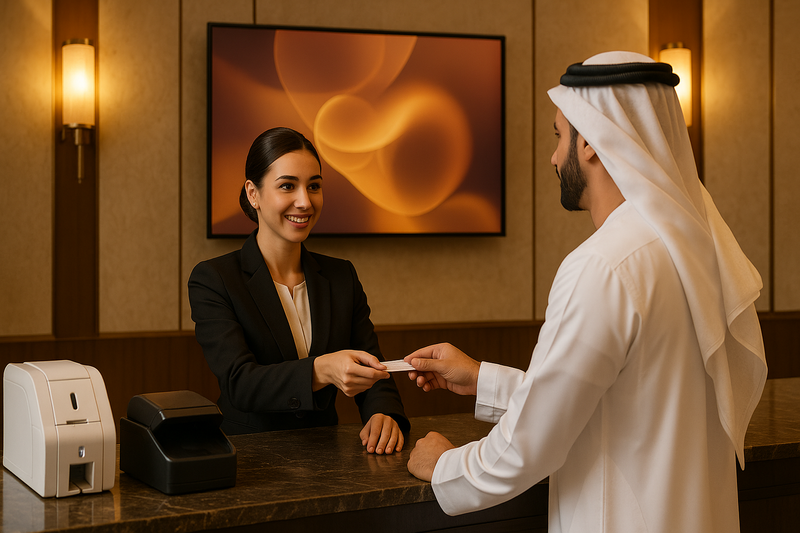 Hotel front desk in the Gulf with ID card printer and passport scanner on the counter