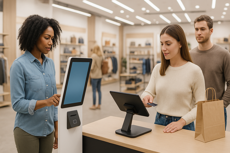 Retail store with a floor-standing self-service kiosk beside a tablet on a counter stand