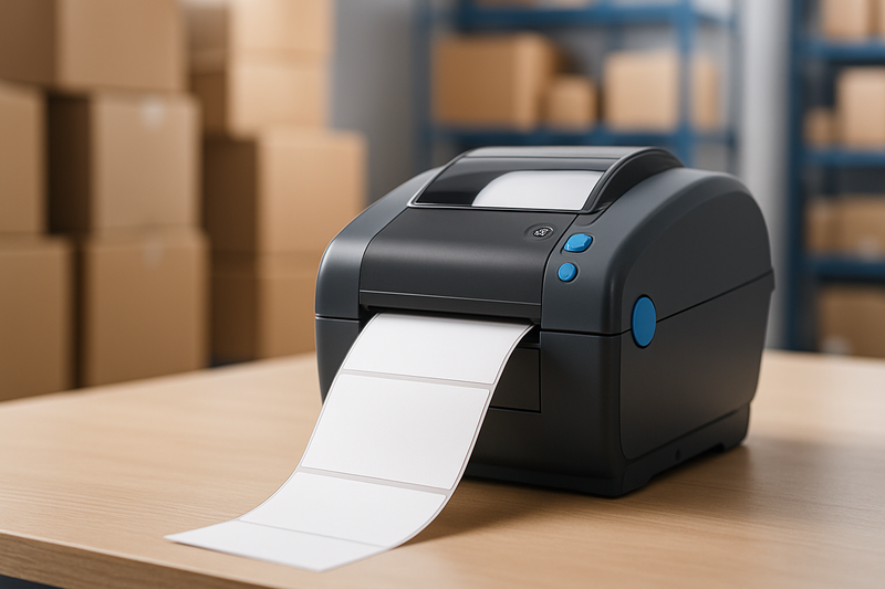 Label printer on a warehouse desk producing a roll of blank shipping labels