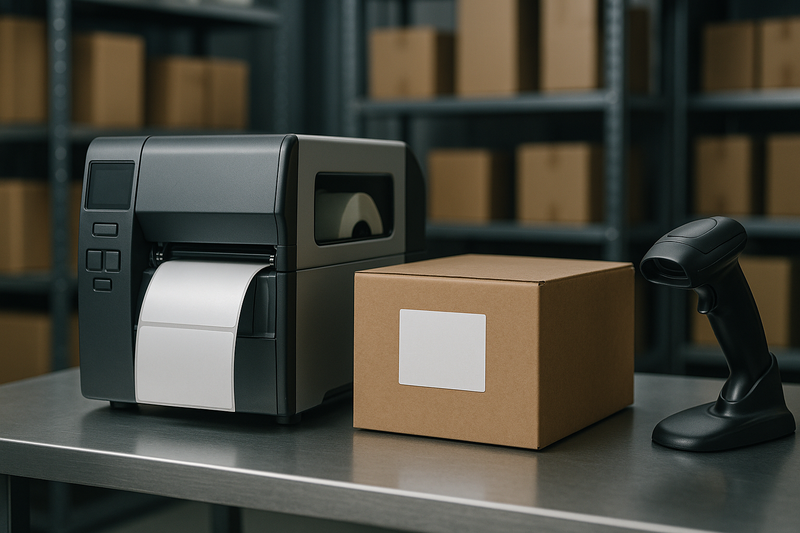Industrial label printer and handheld scanner on a warehouse packing bench