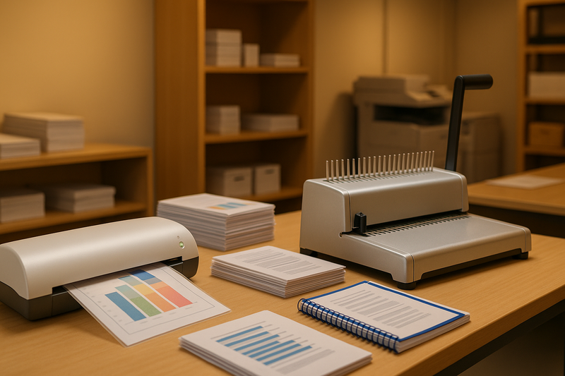 Office print room with pouch laminator and comb binding machine on a worktop