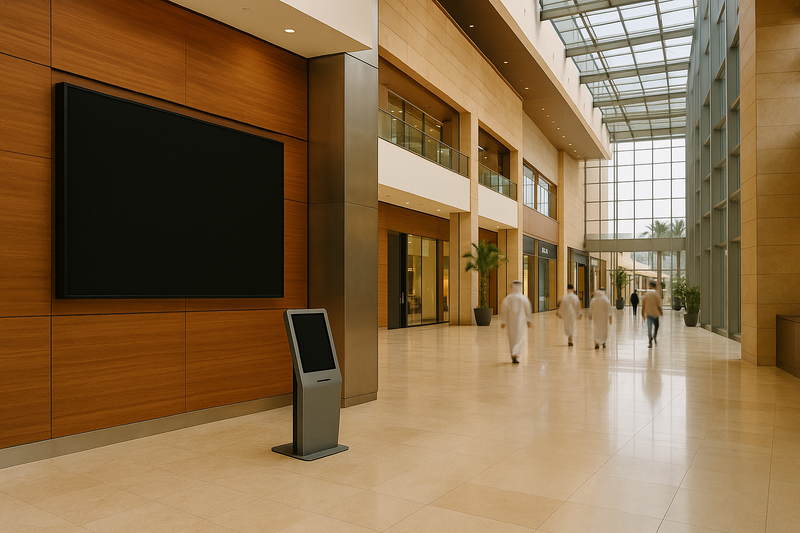 Gulf shopping mall concourse with a large LED display panel and a freestanding self-service kiosk