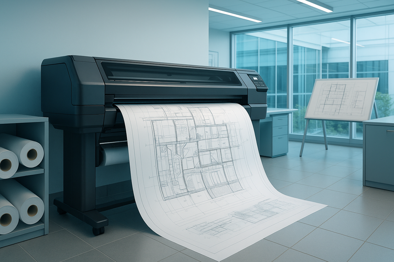 Large-format wide roll printer producing a technical drawing in an architecture and engineering print room