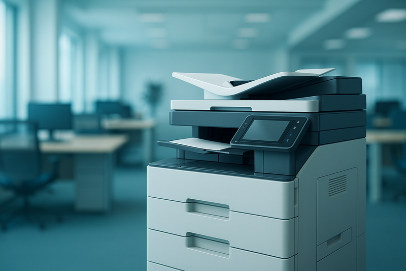 Modern office multifunction printer with document tray and touchscreen control panel in a bright office