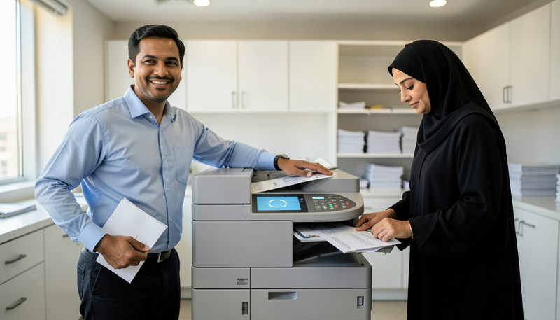 Office staff using a floor-standing multifunction photocopier in a Dubai print room