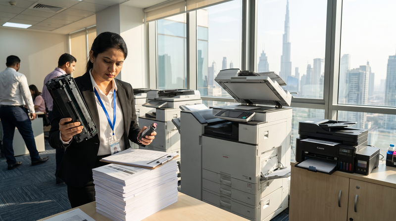 Office manager checking a toner cartridge against a stack of printed pages in a Dubai print room