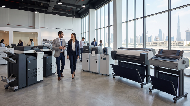 Dubai office equipment showroom with office multifunction printers and large format plotters lined up