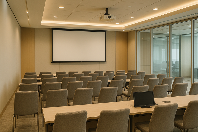 Corporate training room in the UAE with a ceiling-mounted projector and a blank projection screen