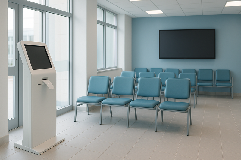 Clinic waiting area with a freestanding ticket-dispenser kiosk and a wall-mounted counter-calling display