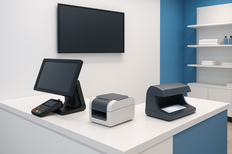 Retail checkout counter with POS terminal, label printer, counterfeit detector and a signage screen