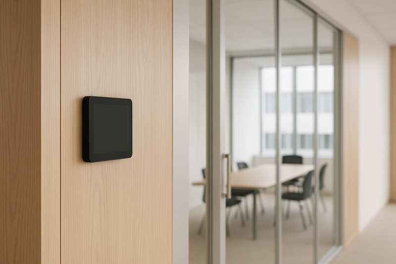Small door-mounted room booking panel with a blank powered-off screen beside a meeting room entrance