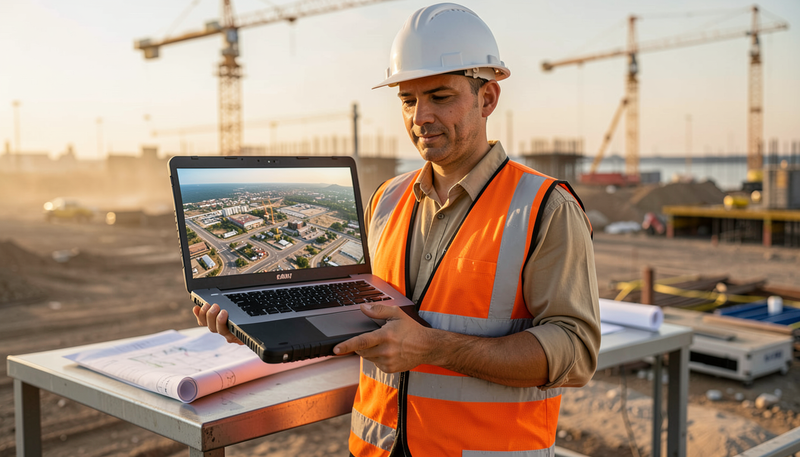 Site engineer in hard hat holding a rugged laptop showing an aerial site view at a Gulf construction site