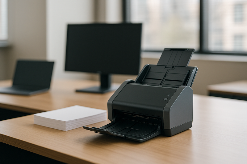Document scanner with an automatic feeder digitising paper files in an office