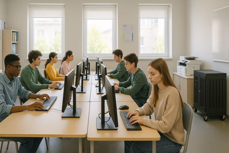 Modern school computer lab with desktop PCs, printer station and laptop charging trolley