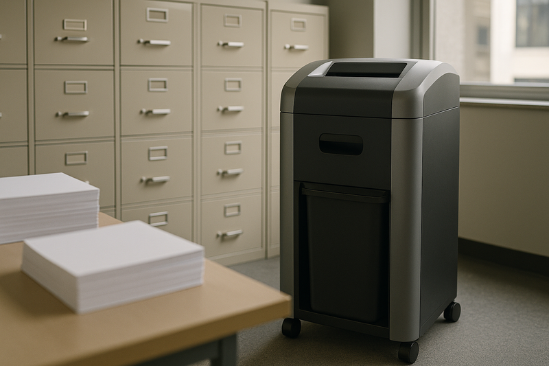 Office shredder beside a secure document disposal bin in a workplace setting