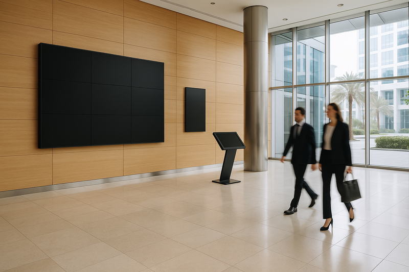 Corporate lobby in Dubai with a multi-panel video wall, a wall-mounted signage display and a freestanding touch kiosk