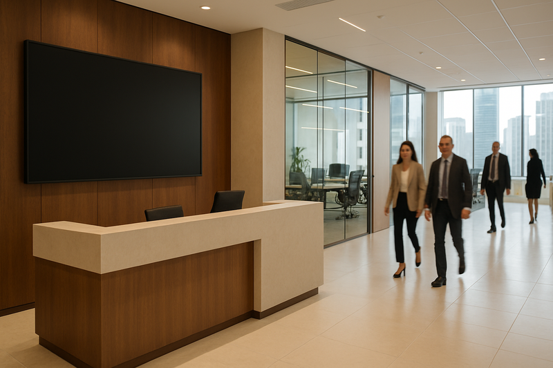 Modern corporate office reception in Dubai with a large wall-mounted commercial digital signage display
