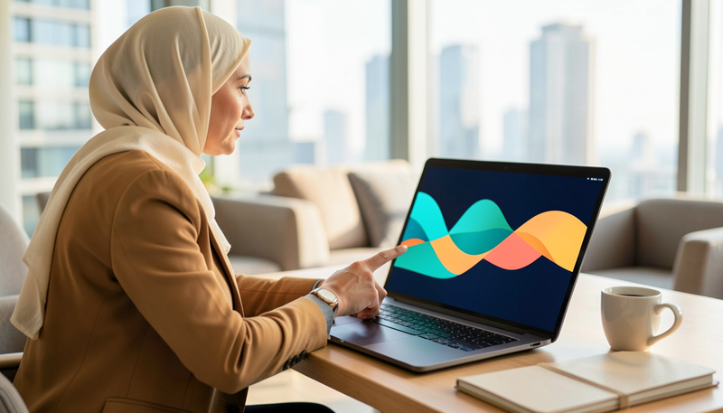Businesswoman touching the screen of a convertible touch laptop in a Dubai office lounge