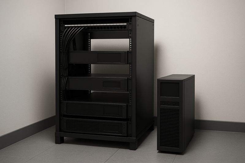 Rack-mounted uninterruptible power supply units in a branch office equipment cabinet