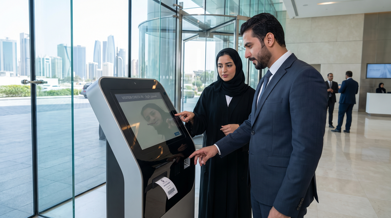 Visitor checking in at a self-service kiosk in an Abu Dhabi corporate reception lobby