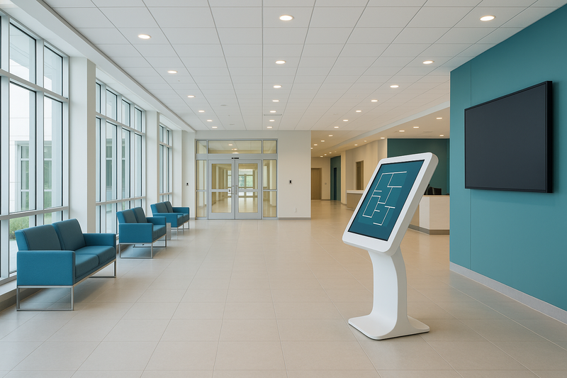 Hospital lobby with an interactive wayfinding directory kiosk and a wall-mounted directory display powered off