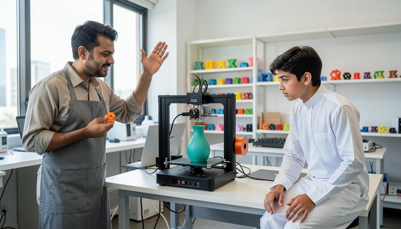 Instructor and student watching a desktop 3D printer print a teal vase in a maker lab