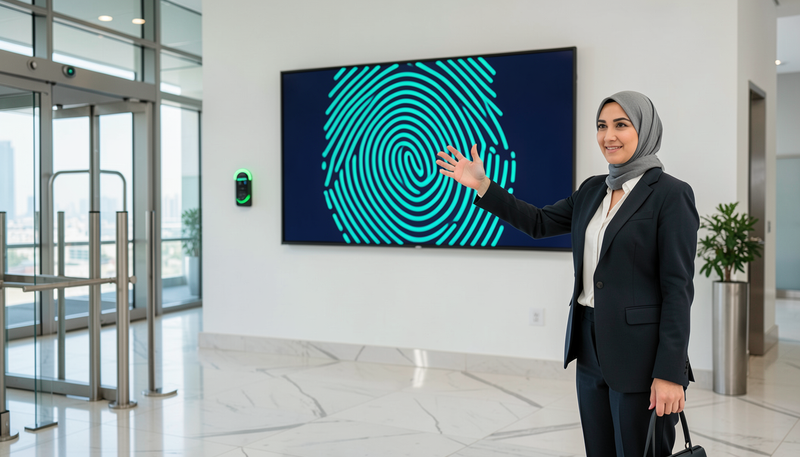 Businesswoman in a Dubai office lobby gesturing at a wall display showing a fingerprint graphic beside turnstiles and a face-recognition terminal