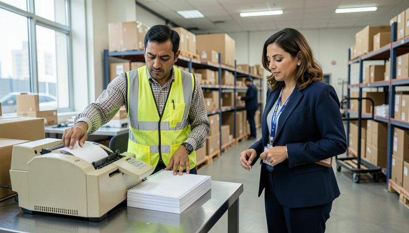 Clerk operating a dot matrix printer with continuous forms in a warehouse office