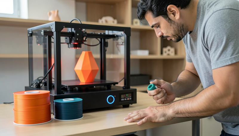 Enclosed desktop 3D printer printing an orange vase beside orange and teal filament spools