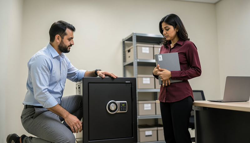 Office manager and accountant beside a fireproof floor safe in a Dubai back office